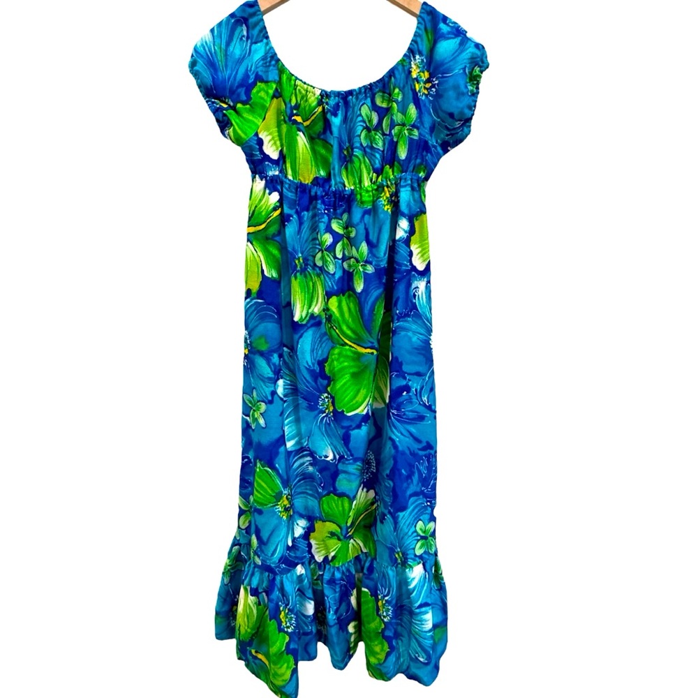 Pomare Tahiti VTG 60's/70's Hawaiian Floral Midi Babydoll Dress Blue‎ Green